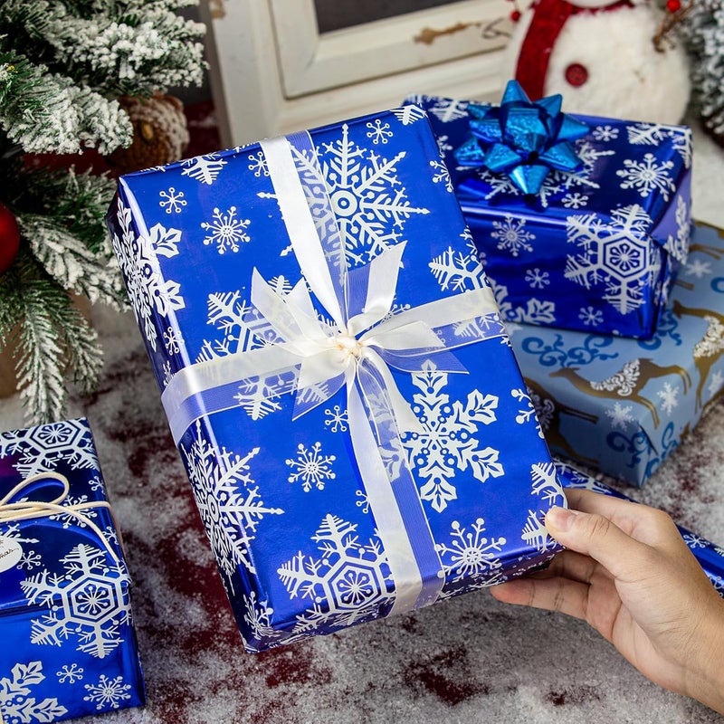 Yarcony Blue Christmas Wrapping Paper Roll, Snowflake Wrapping Paper, Navy Blue and White Snowflake, Deer Winter Theme Christmas Gift Wrap for Holiday, Gift Packaging (Mini Roll, 17 Inch X 33 Feet) - Image 4